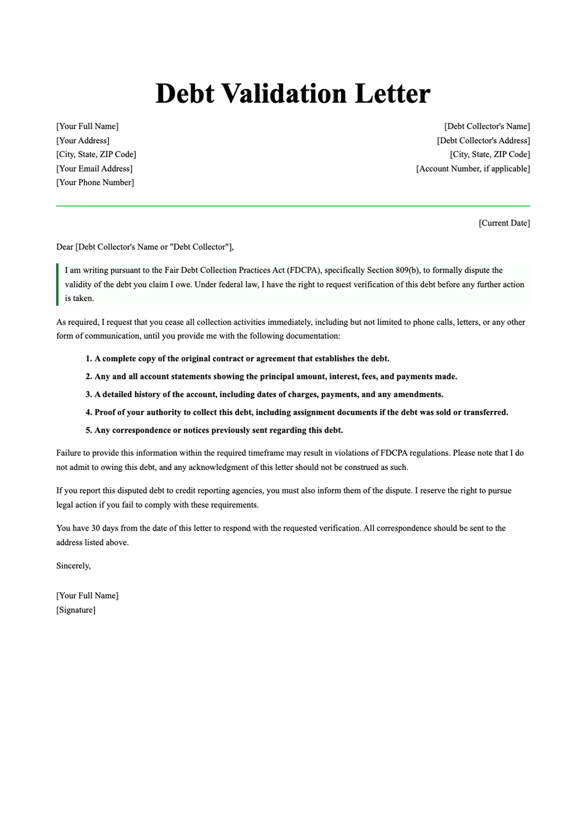 Debt Validation Letter template with green geometric accents_variant_2